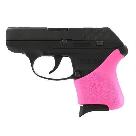 Hogue Grips Handall Universal Grip Sleeve Ruger LCP, pink sleeve fitted to a black handgun