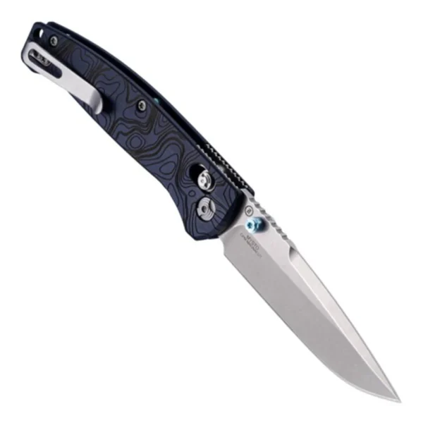Hogue Mysto Folder Knife, open angled view with silver blade and blue patterned handle