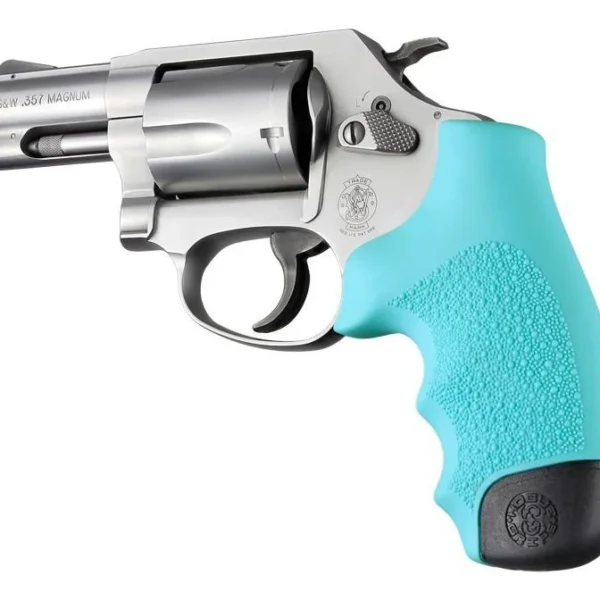 Hogue Rubber Monogrip for S&W J Frame, aqua grip on silver revolver in right-side view