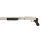 Hogue Tamer Pistol Grip and Forend, black components installed on a silver shotgun, right-side view
