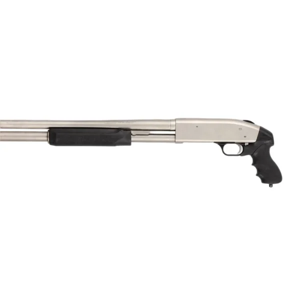 Hogue Tamer Pistol Grip and Forend, black components installed on a silver shotgun, right-side view