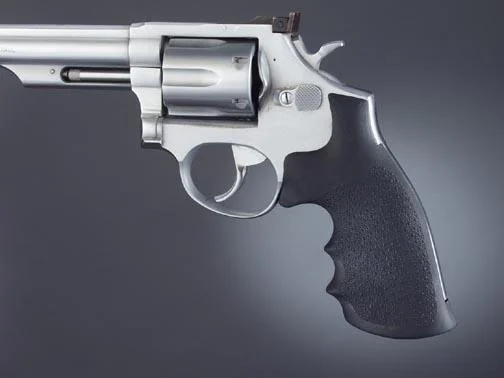 Hogue Taurus Medium and Large Frame Square Butt grips, black, installed on a silver revolver