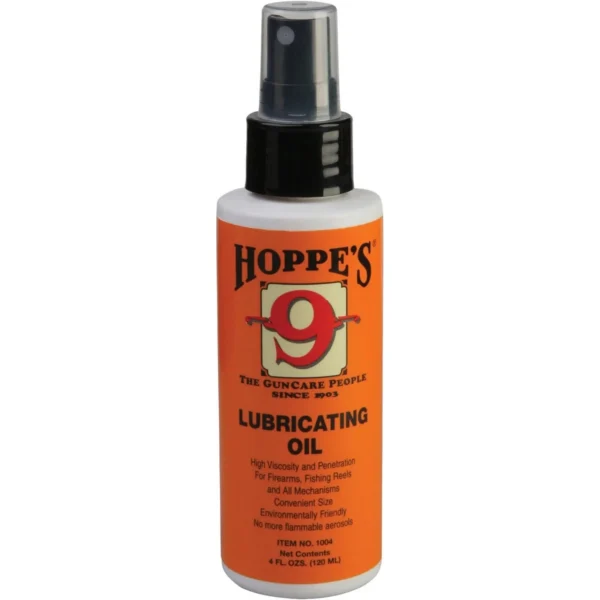 Hoppe's HOPPES #9 Lube Oil Pump, orange bottle front view with black pump and clear cap