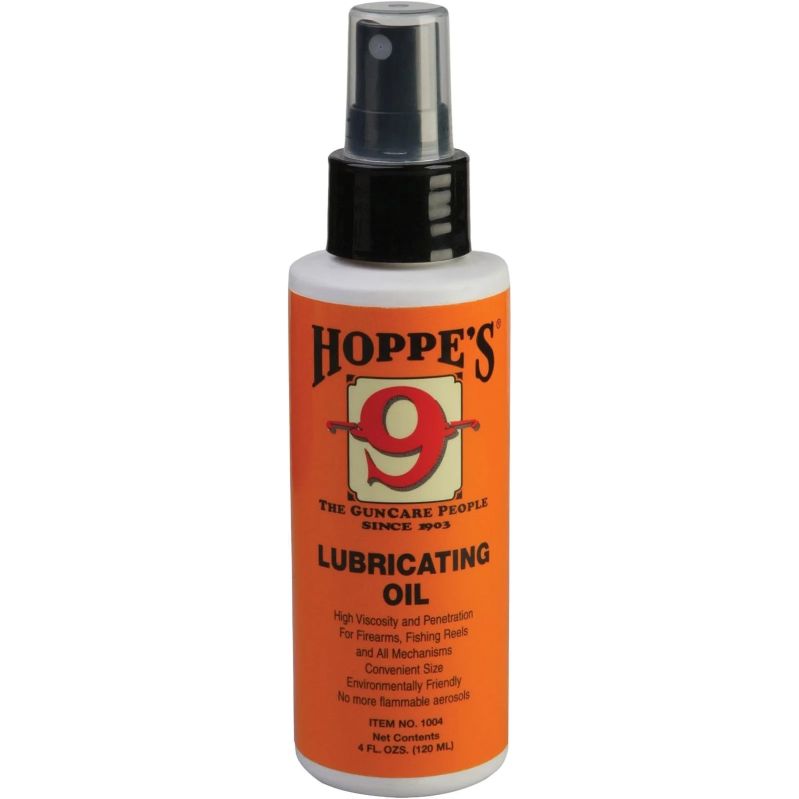 hoppes-9-lube-oil-pump-primary Hoppe's HOPPES #9 Lube Oil Pump, orange bottle front view with black pump and clear cap