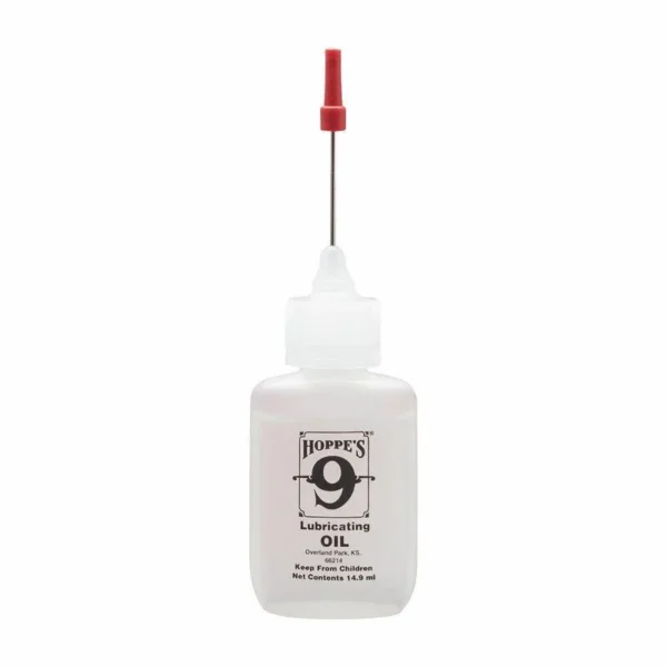 Hoppe's HOPPES #9 PRECISION LUBE 14.9ML white squeeze bottle with red needle applicator, front view