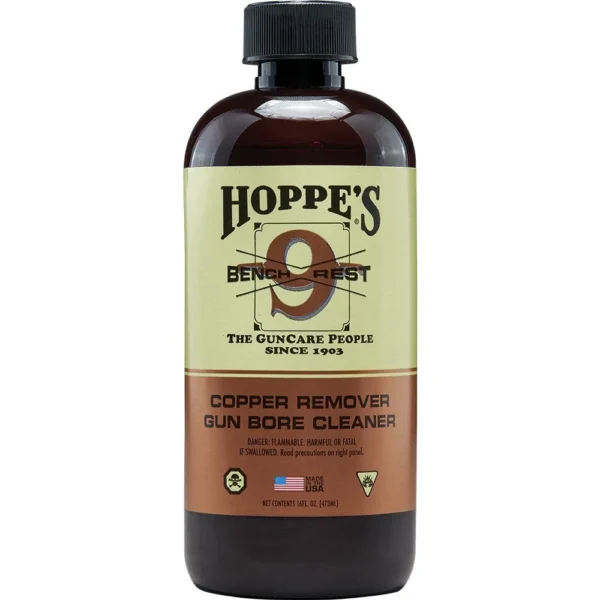 Hoppe's Copper Solvent, brown bottle with black cap and cream product label, front view