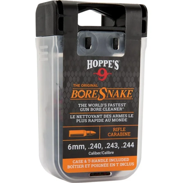 Hoppe's Boresnake Den 6mm .243 Caliber Rifle, black and clear retail case in front view