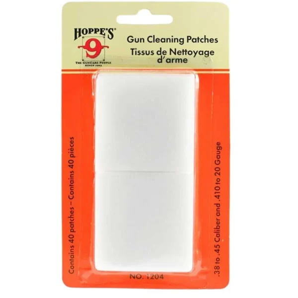 Hoppe's HOPPES CLNG PATCH 16-12GA 25/BAG, front view of orange pack with white patches