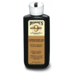 Hoppe's HOPPES #9 BENCH REST 2.25OZ, front view of black bottle with white cap and tan label