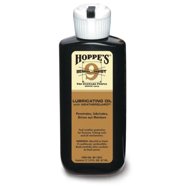 Hoppe's HOPPES #9 BENCH REST 2.25OZ, front view of black bottle with white cap and tan label