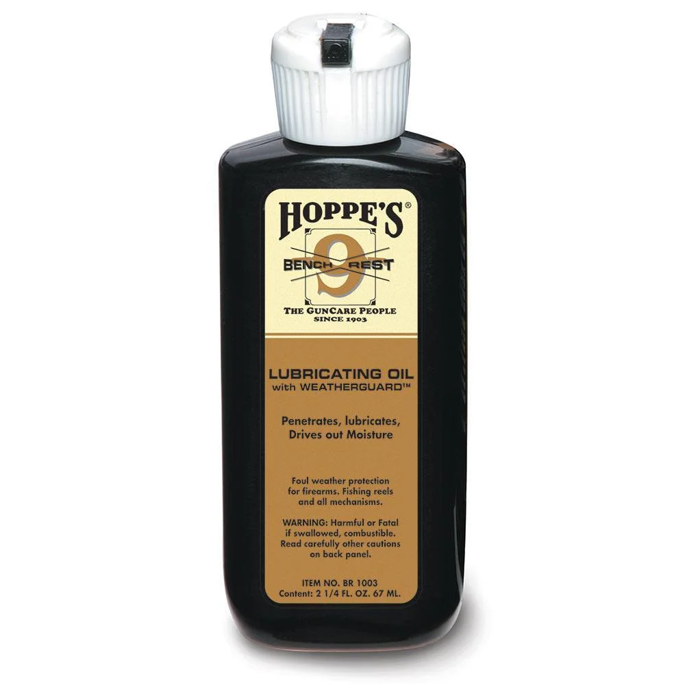 hoppes-no-9-bench-rest-2-25oz-primary Hoppe's HOPPES #9 BENCH REST 2.25OZ, front view of black bottle with white cap and tan label
