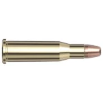 Hornady 218 Bee 45GR HP, side view of a brass cartridge with copper-colored bullet