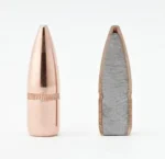 Hornady Traditional FMJ Rifle Bullets copper-coloured bullet and sectioned bullet, front view