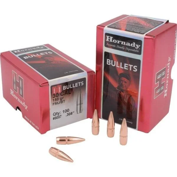 Hornady Traditional & FMJ Bullets .30 cal .308 150 gr FMJ-BT CANN 100/ct, boxes and copper bullets