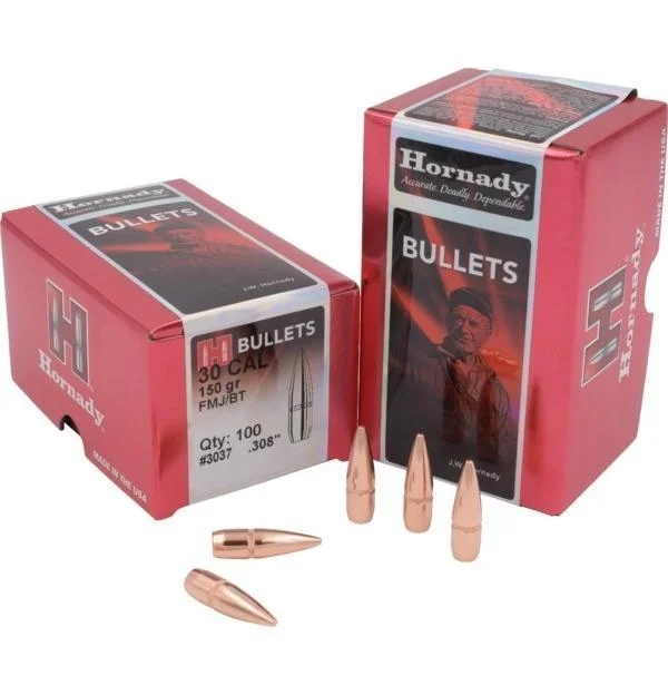 hornady-30-cal-308-150-gr-fmj-bt-bullets-primary Hornady Traditional & FMJ Bullets .30 cal .308 150 gr FMJ-BT CANN 100/ct, boxes and copper bullets