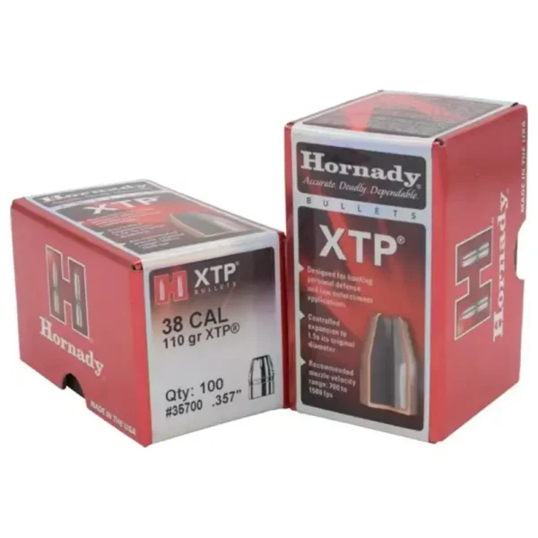 Hornady XTPHP handgun bullets, two red and gray retail boxes in angled front views
