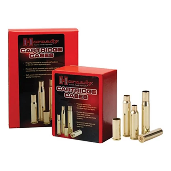Hornady Unprimed Handgun Cartridge Cases, brass cases beside two red boxes