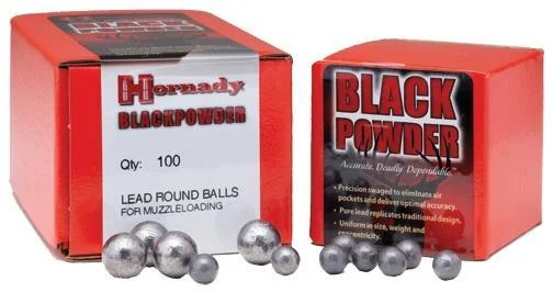 hornady-50-cal-lead-round-balls-primary Hornady Lead Round Ball, red boxes with loose silver lead balls, front view
