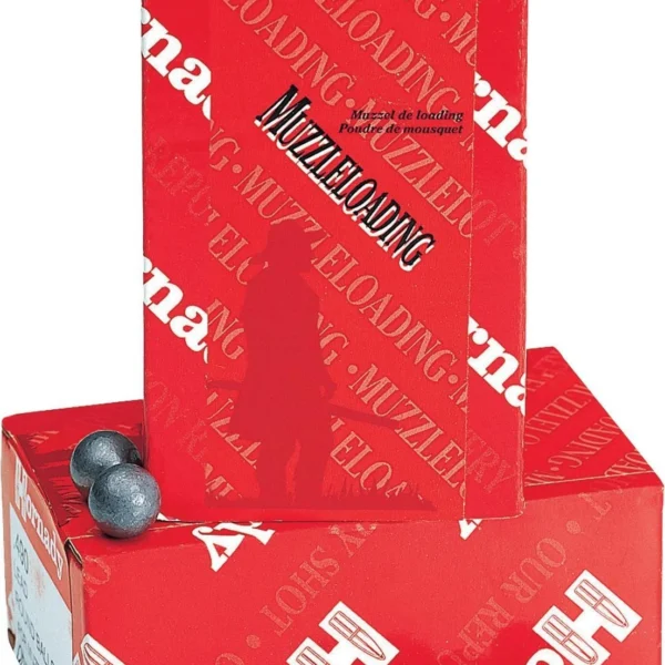 Hornady Lead Round Ball, red boxes with several gray round balls scattered in front