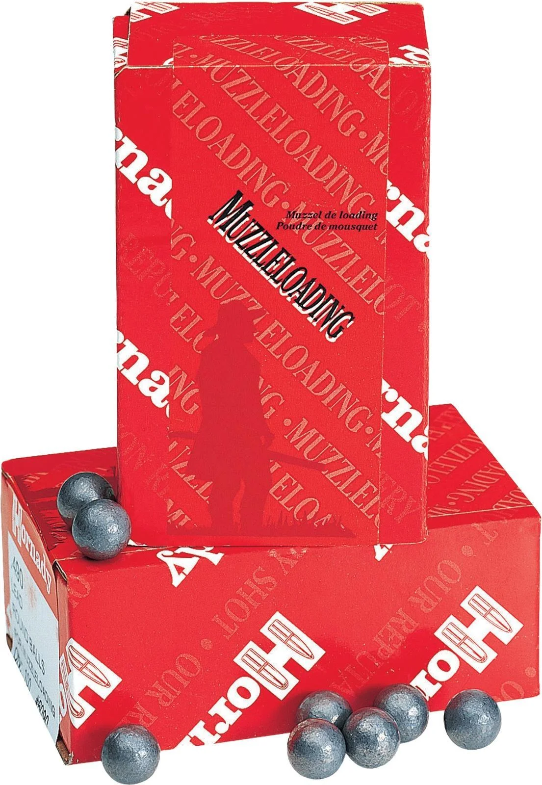 hornady-58-cal-lead-round-balls-primary Hornady Lead Round Ball, red boxes with several gray round balls scattered in front