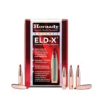 Hornady ELD-X Rifle Bullets, red box with copper-coloured pointed bullets displayed in front