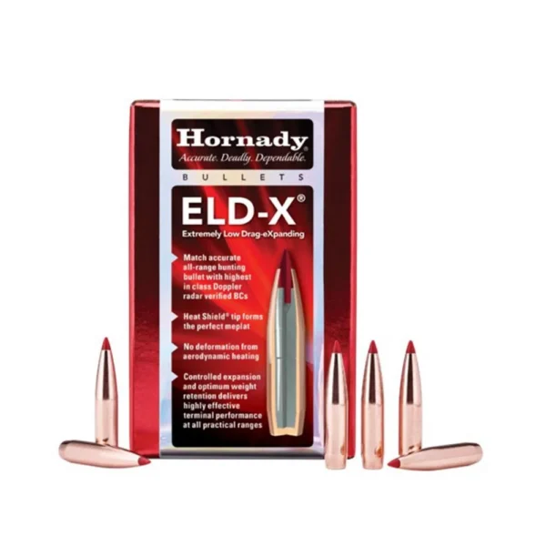 Hornady ELD-X Rifle Bullets, red box with copper-coloured pointed bullets displayed in front