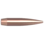 Hornady Aeromatch Rifle Bullets SEQUENTIAL, side view of copper-coloured pointed bullet