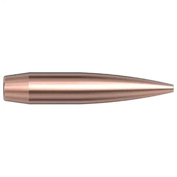 Hornady Aeromatch Rifle Bullets SEQUENTIAL, side view of copper-coloured pointed bullet