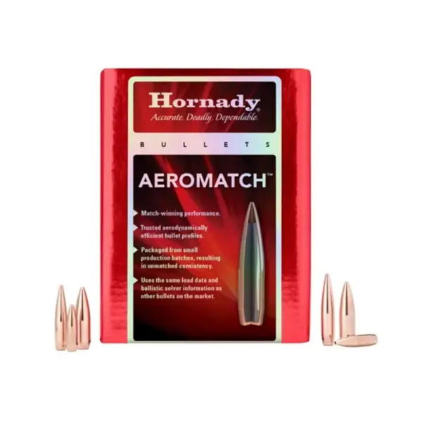 Hornady Aeromatch Rifle Bullets red box, front view with five copper-colored bullets