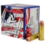 Hornady American Gunner Handgun Ammunition, box with two brass cartridges, one upright
