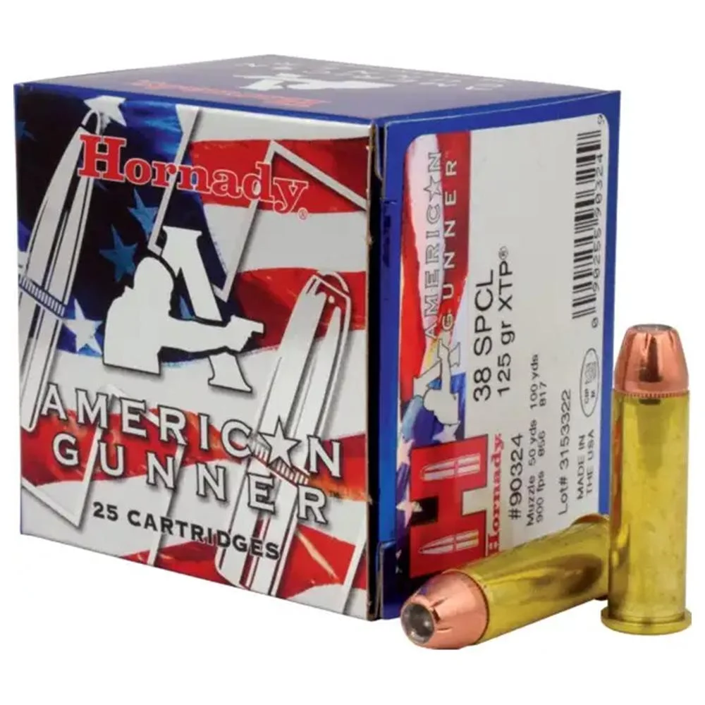 hornady-american-gunner-38-spl-125gr-xtp-ammo-primary Hornady American Gunner Handgun Ammunition, box with two brass cartridges, one upright