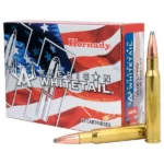 Hornady American Whitetail box with red, white and blue graphics and two brass cartridges