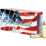 Hornady American Whitetail Rifle Ammunition box with red, white and blue design and two cartridges