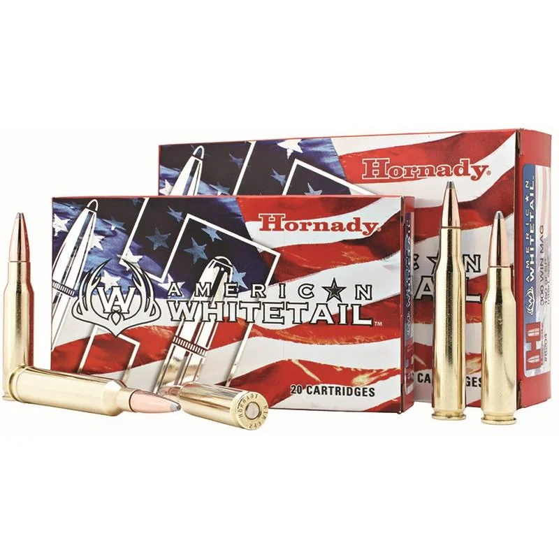 hornady-american-whitetail-7mm-rem-mag-primary Hornady American Whitetail ammunition boxes with several brass cartridges displayed in front