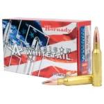 Hornady American Whitetail Rifle Ammunition, red white and blue box with three brass cartridges