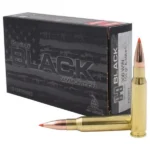 Hornady Black Rifle Ammunition, black box with three brass cartridges and red-tipped bullets