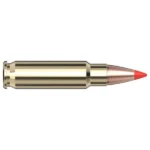 Hornady Black Rifle, brass cartridge with copper-colored bullet and red polymer tip in side view