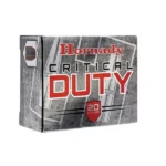 Hornady Critical Duty handgun ammunition, front and side view of gray and red box
