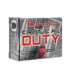 Hornady Critical Duty handgun ammunition, front and side view of gray and red box