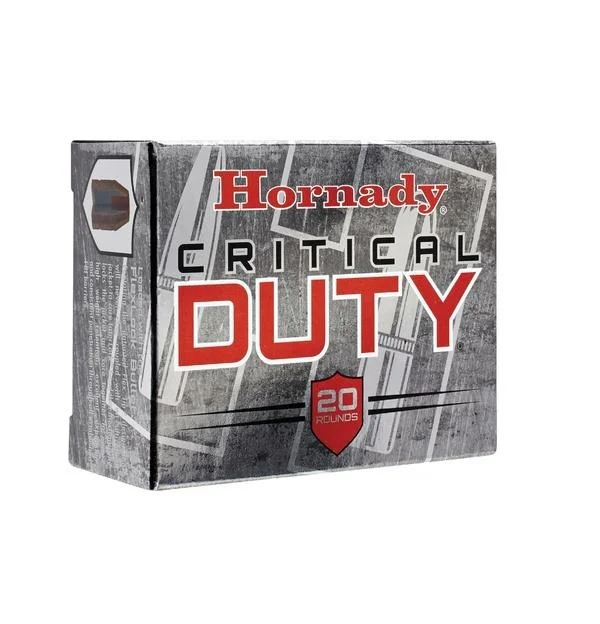 hornady-critical-duty-10mm-auto-175gr-flexlock-ammo-primary Hornady Critical Duty handgun ammunition, front and side view of gray and red box