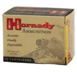 Hornady Custom Handgun Ammunition, tan and red ammunition box in angled front view