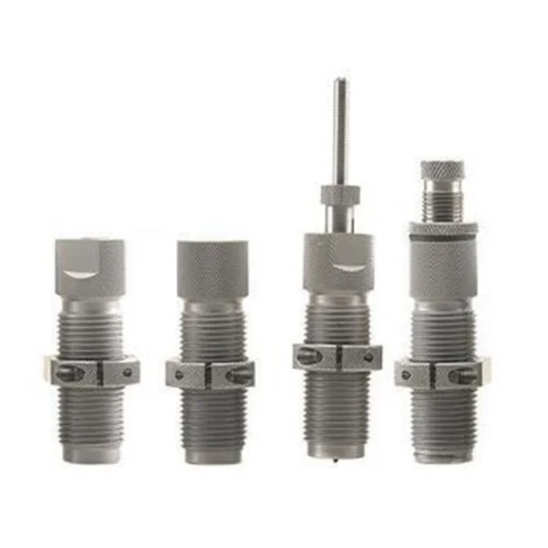 Hornady Custom Grade New Dimension Pistol 4-Die Set, four silver dies in front view