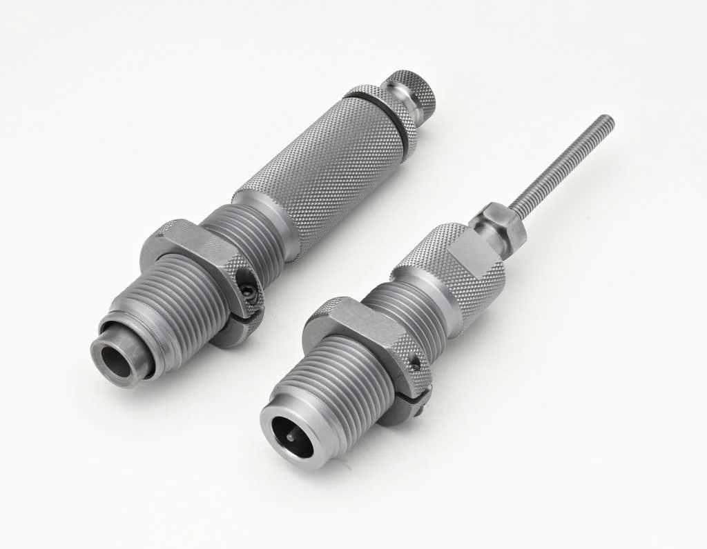 hornady-custom-grade-new-dimension-series-i-rifle-2-die-set-220-swift-224-primary Hornady Custom Grade New Dimension Series I Rifle 2-Die Set, two silver dies angled