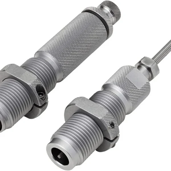 Hornady Custom Grade New Dimension Series III silver two-die set with knurled bodies