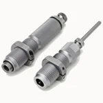 Hornady Custom Grade Series III 2-Die Rifle Set, two silver threaded dies, angled view