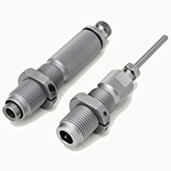 Hornady Custom Grade Series III 2-Die Rifle Set, two silver threaded dies, angled view