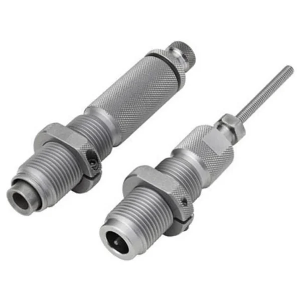 Hornady Custom Grade Series III 2-Die Set, two silver threaded dies in angled side view