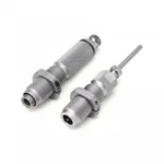 Hornady Custom Grade Series III 2-Die Set, angled view of two silver threaded dies
