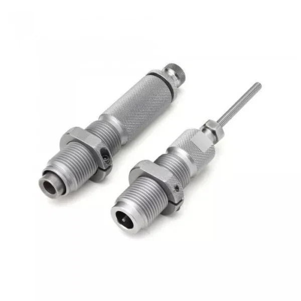 Hornady Custom Grade Series III 2-Die Set, angled view of two silver threaded dies