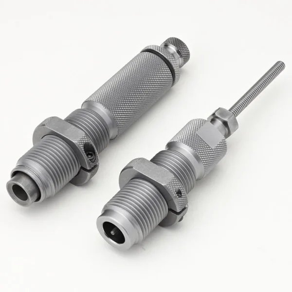 Hornady Custom Grade New Dimension Series III Rifle 2-Die Set, two silver dies angled side by side